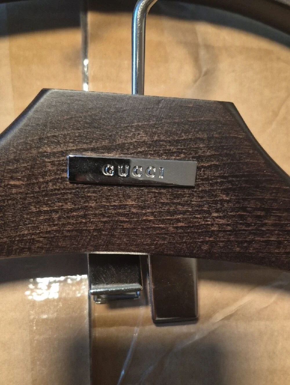 Gucci Dark Brown Wood Suit Hangers with Silver Metal Accents